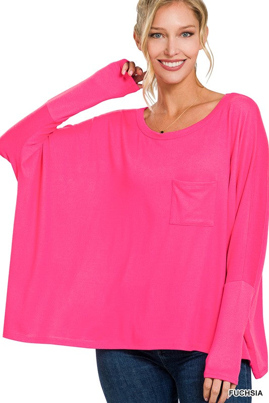 DOLMAN SLEEVE ROUND NECK TOP WITH FRONT POCKET