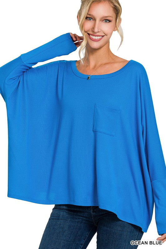 DOLMAN SLEEVE ROUND NECK TOP WITH FRONT POCKET