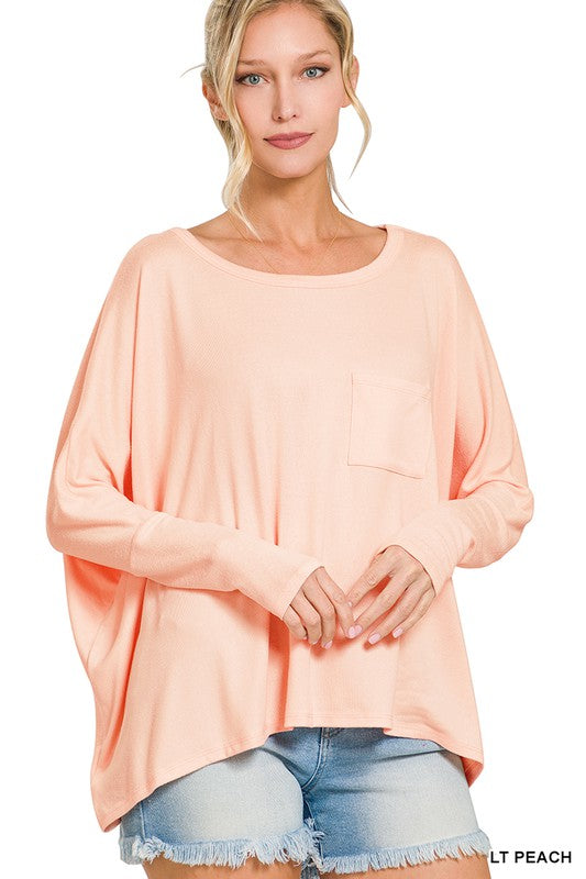 DOLMAN SLEEVE ROUND NECK TOP WITH FRONT POCKET