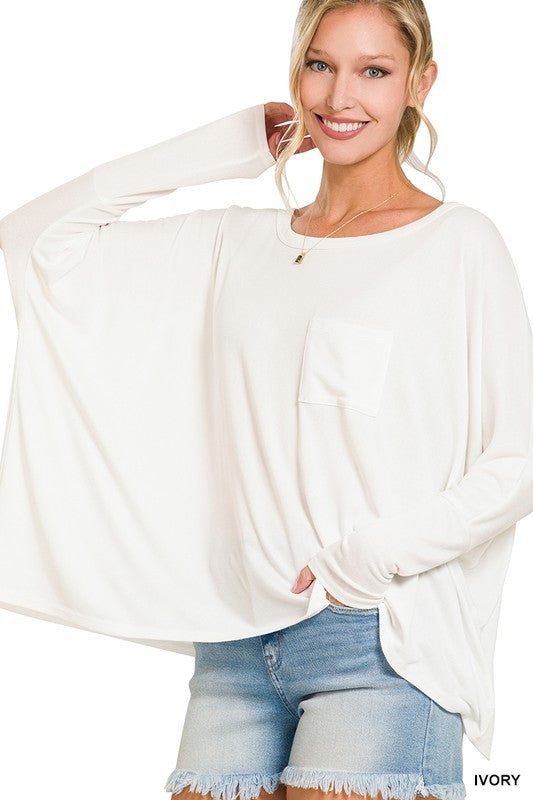 DOLMAN SLEEVE ROUND NECK TOP WITH FRONT POCKET