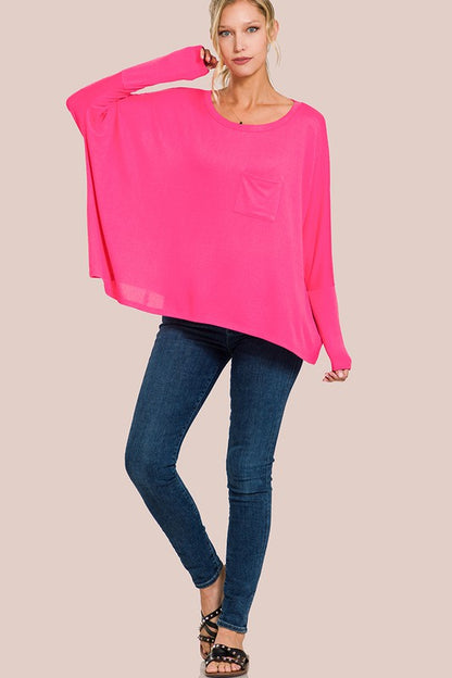 DOLMAN SLEEVE ROUND NECK TOP WITH FRONT POCKET