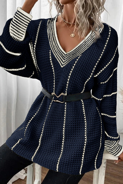 Striped V-Neck Dropped Shoulder Sweater