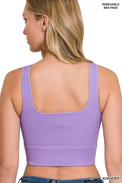 RIBBED SQUARE NECK CROPPED TANK TOP WITH BRA PADS