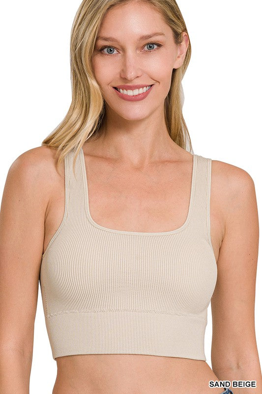 RIBBED SQUARE NECK CROPPED TANK TOP WITH BRA PADS