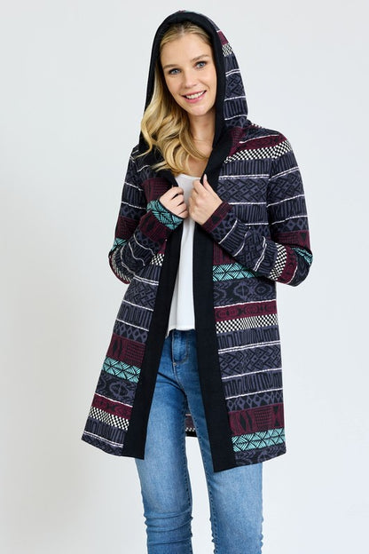 Long Tribal Print Hooded Cardigan