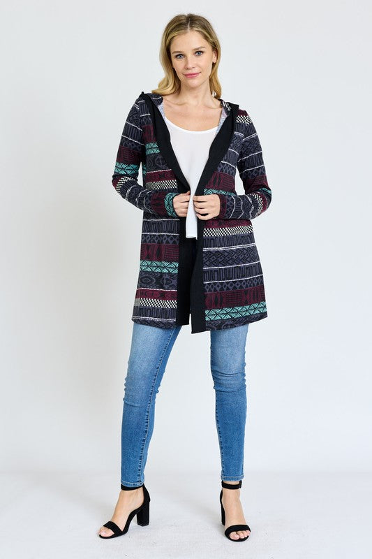 Long Tribal Print Hooded Cardigan