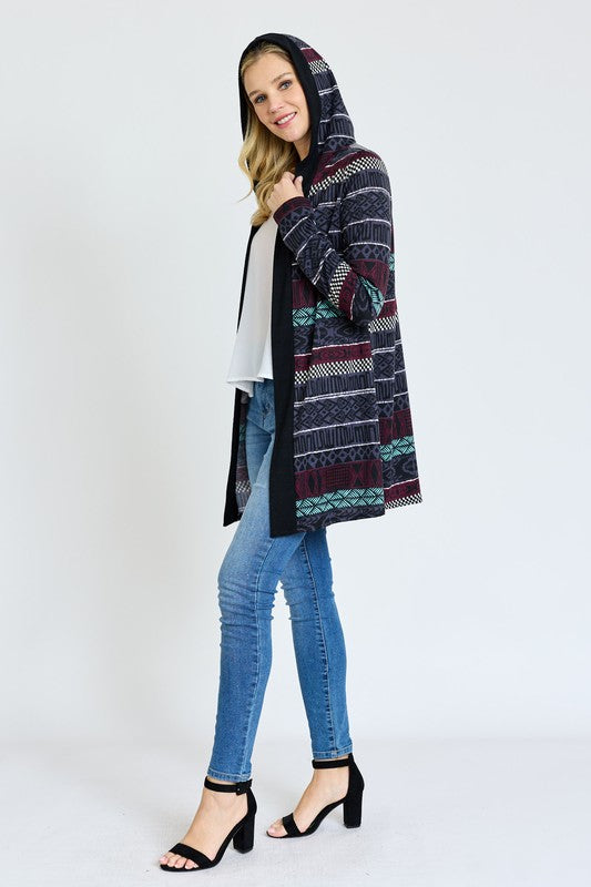 Long Tribal Print Hooded Cardigan