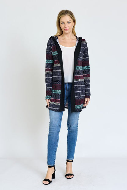 Long Tribal Print Hooded Cardigan