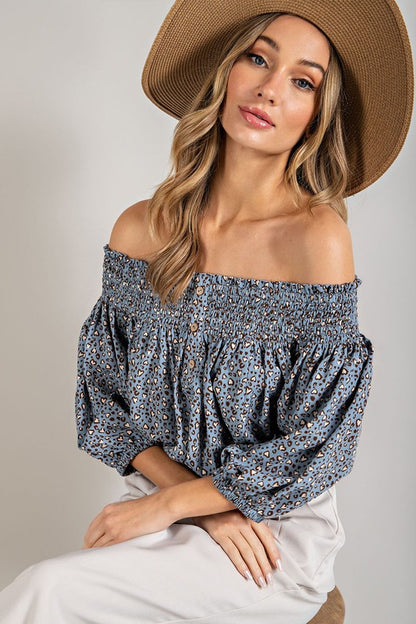 ANIMAL PRINT SMOCKED OFF THE SHOULDER TOP