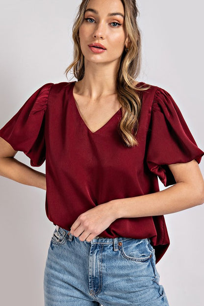 V-NECK PUFF SLEEVE BLOUSE TOP