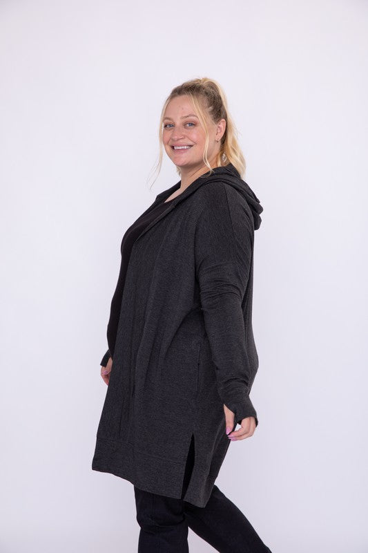 Curvy Longline Hooded Cardigan with Pockets