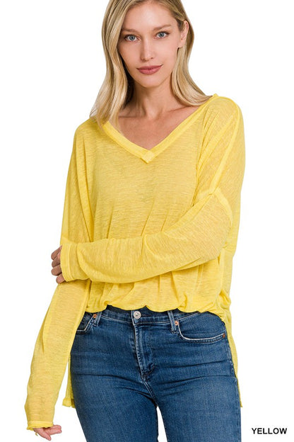 MELANGE BURNOUT DOLMAN SLEEVE V-NECK TOP