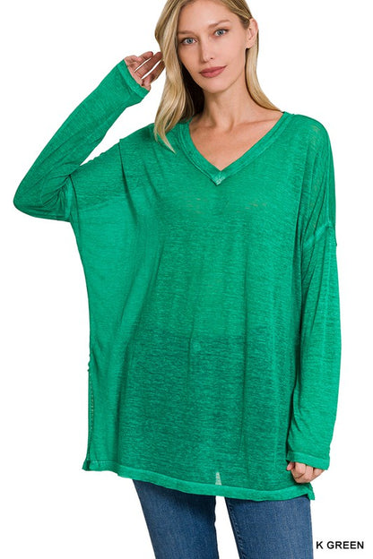 MELANGE BURNOUT DOLMAN SLEEVE V-NECK TOP