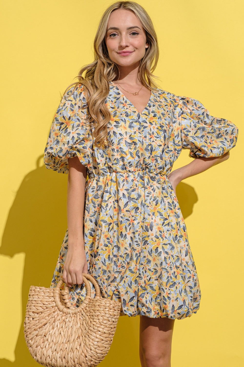 Floral Surplice Puff Sleeve Dress