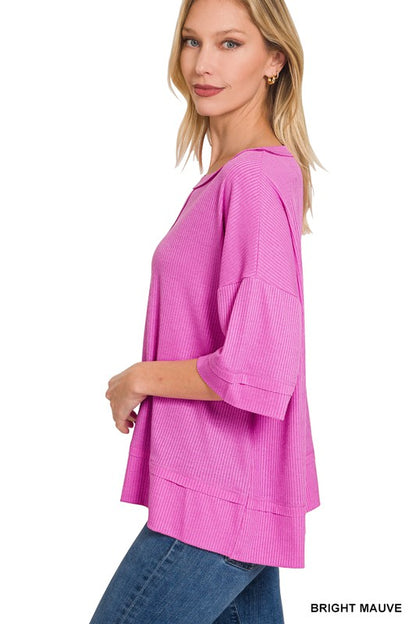 RIBBED BOAT NECK DOLMAN SLEEVE TOP W FRONT SEAM