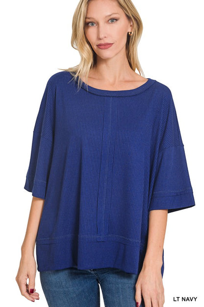 RIBBED BOAT NECK DOLMAN SLEEVE TOP W FRONT SEAM