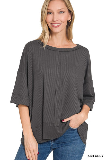 RIBBED BOAT NECK DOLMAN SLEEVE TOP W FRONT SEAM