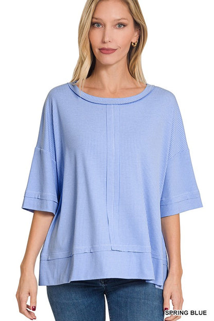 RIBBED BOAT NECK DOLMAN SLEEVE TOP W FRONT SEAM