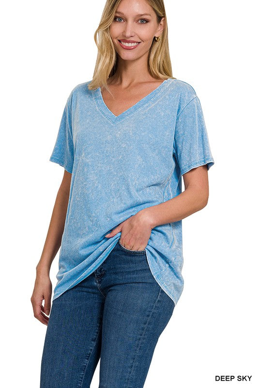 WASHED SHORT SLEEVE V-NECK TOP