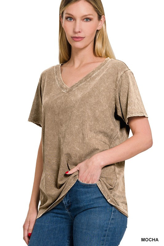 WASHED SHORT SLEEVE V-NECK TOP