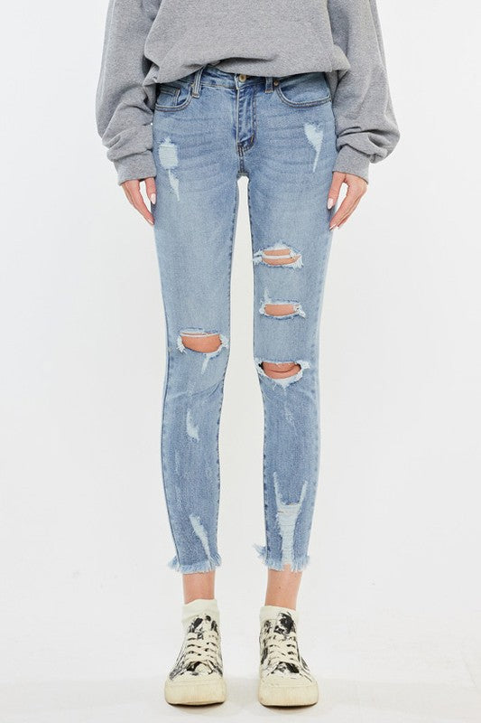 Kan Can USA Mid Rise Distressed Ankle Skinny Jeans