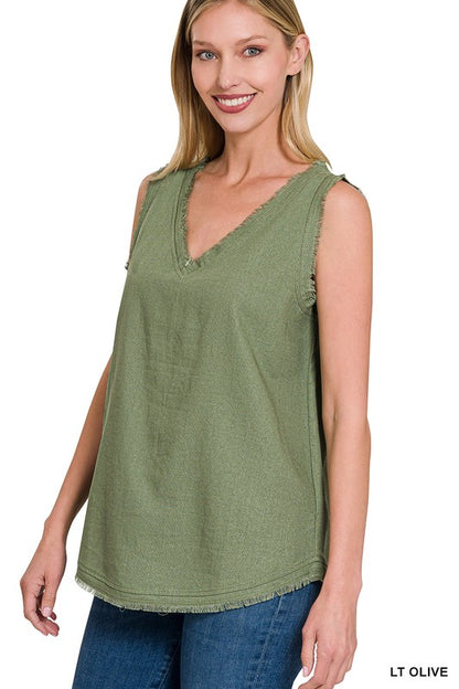 LINEN PRE-WASHED FRAYED EDGE V-NECK SLEEVELESS TOP