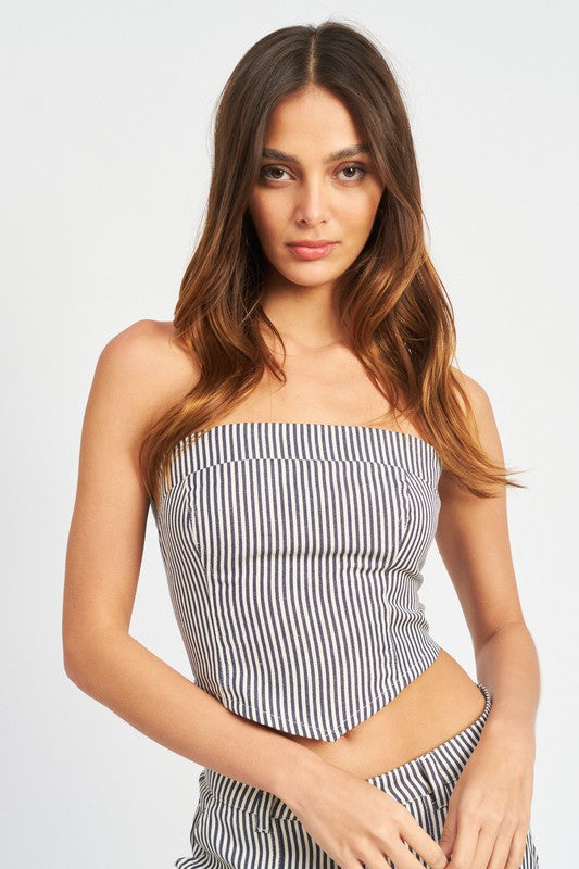 STRIPED BACK STRAP AND EYELET DETAIL TUBE TOP