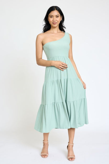 One Shoulder Ruffle Midi Dress