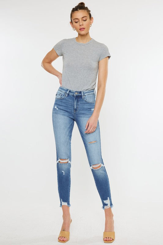 Kan Can USA HIGH RISE FRAY HEM ANKLE SKINNYJEANS