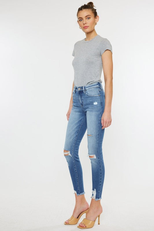 Kan Can USA HIGH RISE FRAY HEM ANKLE SKINNYJEANS