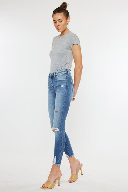 Kan Can USA HIGH RISE FRAY HEM ANKLE SKINNYJEANS