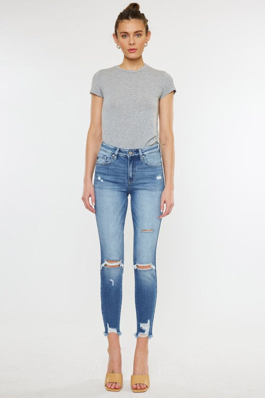 Kan Can USA HIGH RISE FRAY HEM ANKLE SKINNYJEANS