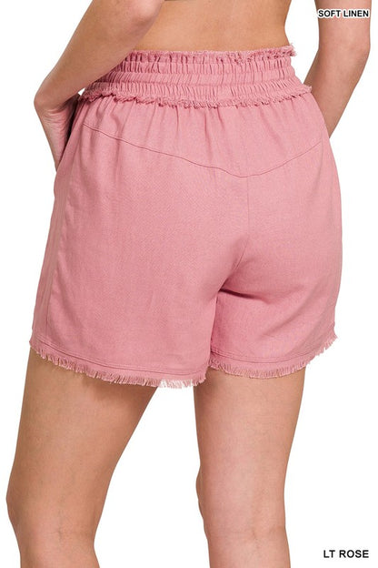 LINEN FRAYED HEM DRAWSTRING SHORTS WITH POCKETS