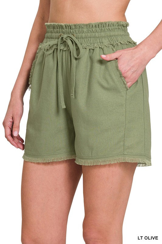 LINEN FRAYED HEM DRAWSTRING SHORTS WITH POCKETS