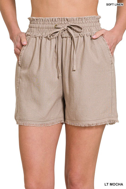 LINEN FRAYED HEM DRAWSTRING SHORTS WITH POCKETS