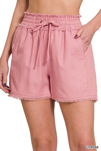 LINEN FRAYED HEM DRAWSTRING SHORTS WITH POCKETS