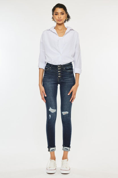 Kan Can USA High Rise Button Down Cuffed Ankle Skinny Jeans