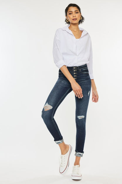 Kan Can USA High Rise Button Down Cuffed Ankle Skinny Jeans