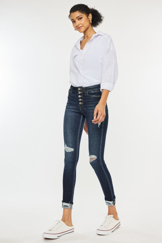 Kan Can USA High Rise Button Down Cuffed Ankle Skinny Jeans