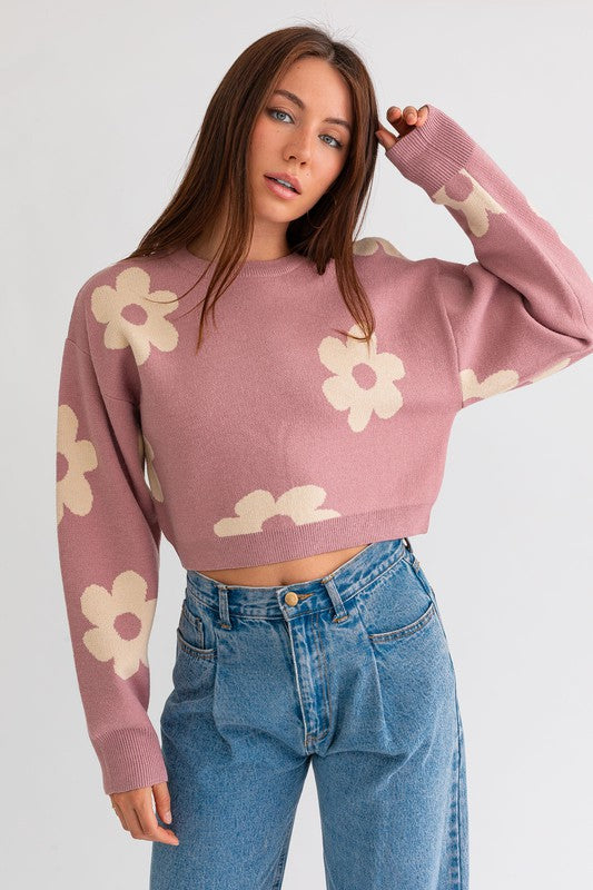 LONG SLEEVE CROP SWEATER WITH DAISY PATTERN