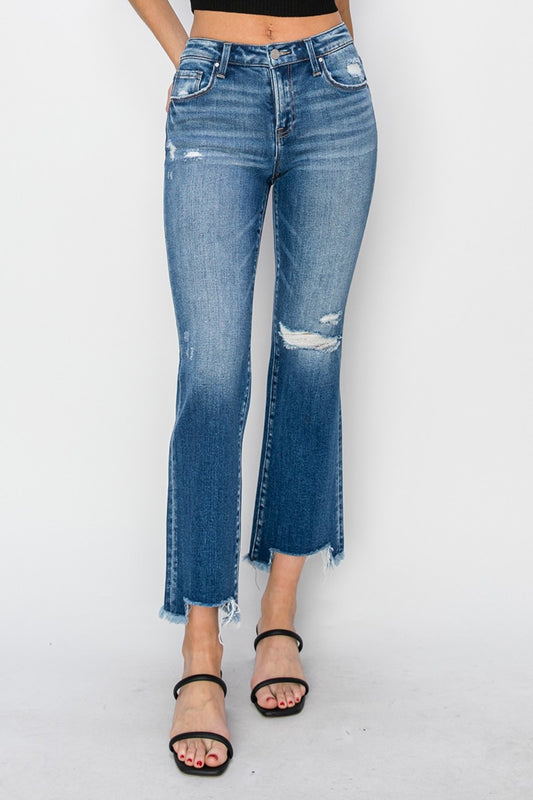 RISEN Frayed Step Hem Ankle Straight Jeans