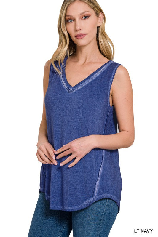 WASHED SLEEVELESS V-NECK TOP W HI-LOW HEM