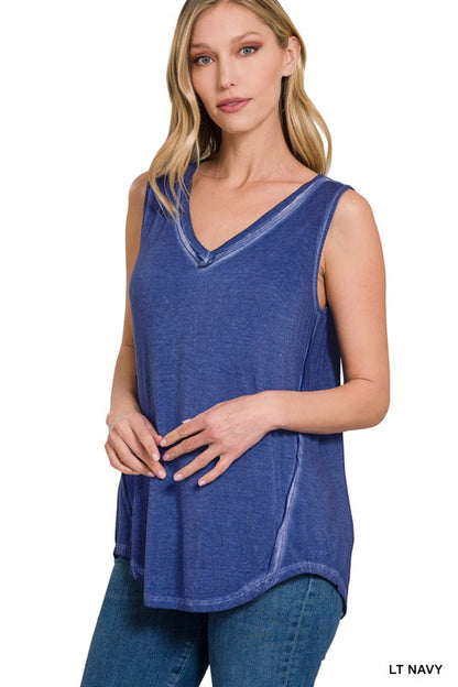 WASHED SLEEVELESS V-NECK TOP W HI-LOW HEM