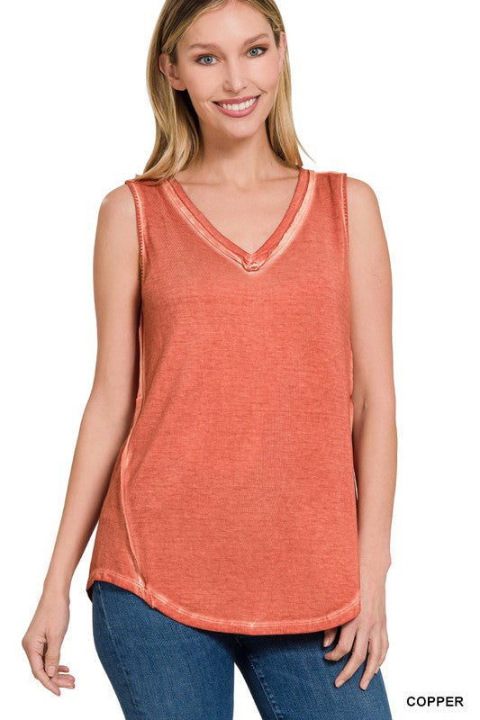 WASHED SLEEVELESS V-NECK TOP W HI-LOW HEM