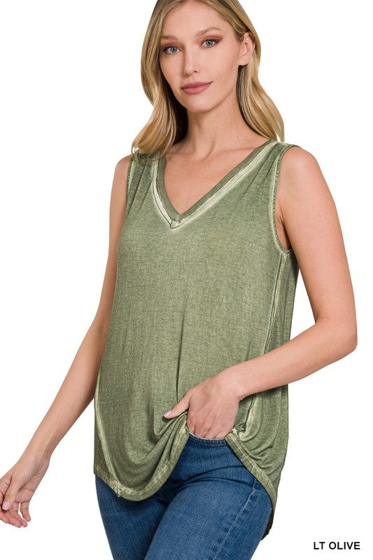 WASHED SLEEVELESS V-NECK TOP W HI-LOW HEM