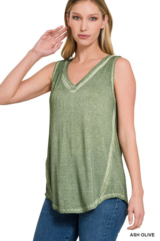 WASHED SLEEVELESS V-NECK TOP W HI-LOW HEM