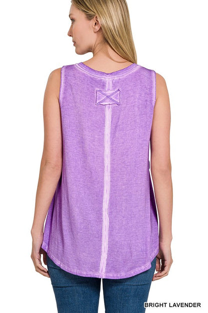 WASHED SLEEVELESS V-NECK TOP W HI-LOW HEM