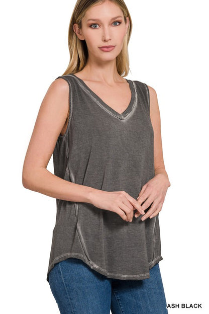 WASHED SLEEVELESS V-NECK TOP W HI-LOW HEM