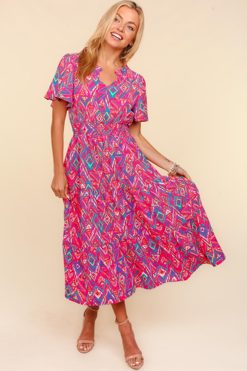 Abstract Print Smocked Waist Dress with Pockets