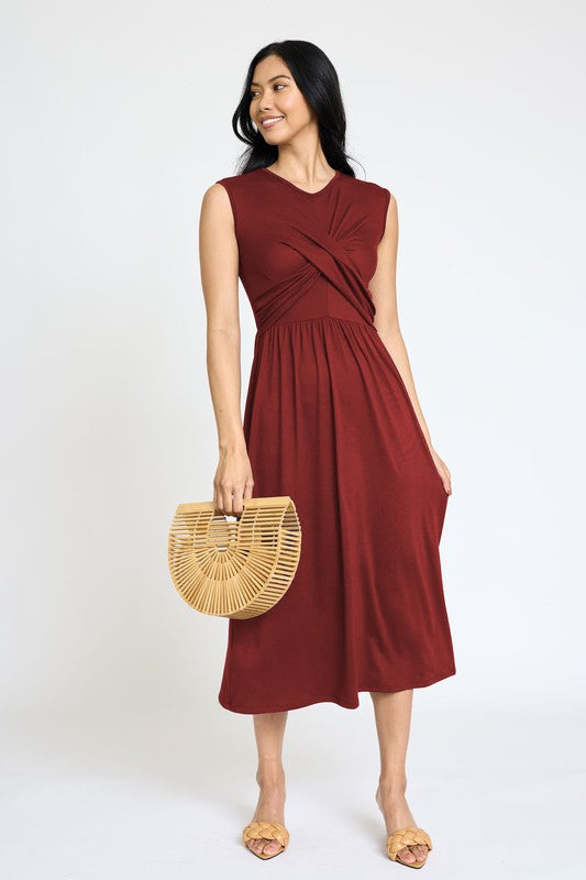 Sleeveless Cross-Over Bodice Midi Dress